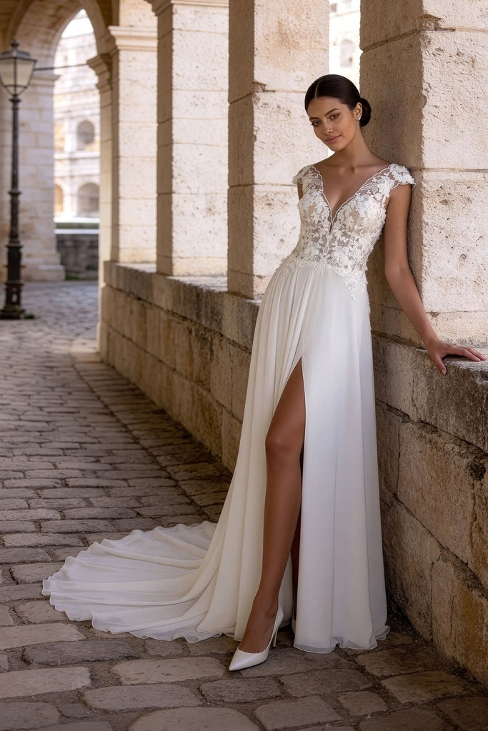 Modernes Brautkleid mit tiefem V-Ausschnitt, Spitze und Beinschlitz in der Brautboutique Neumünster