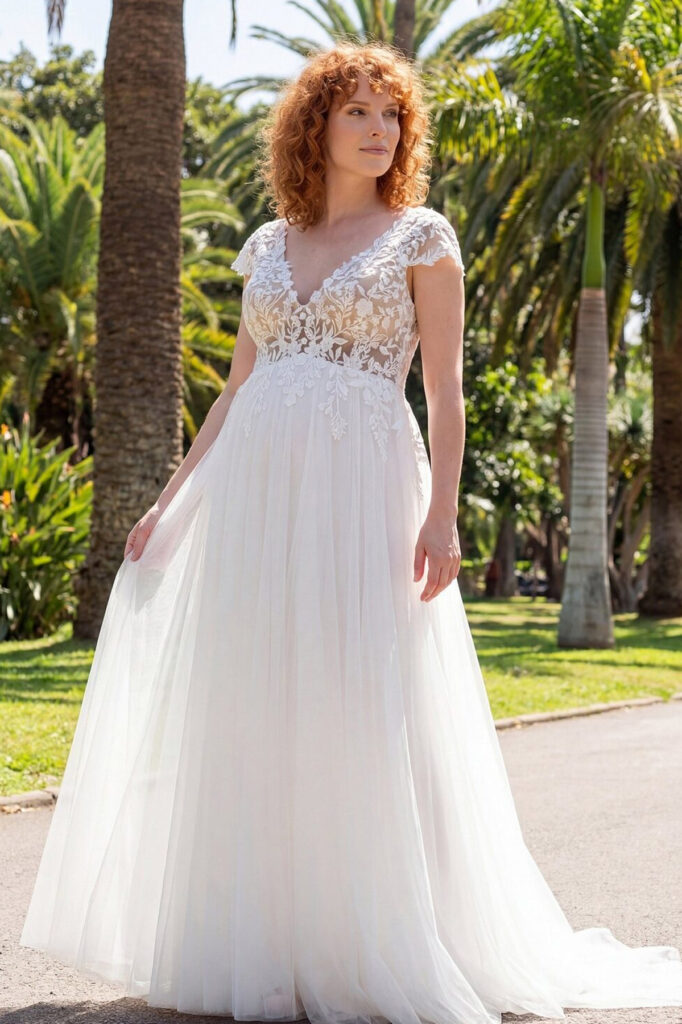 MOM Umstandsbrautkleid mit floraler Spitze und fließender Silhouette